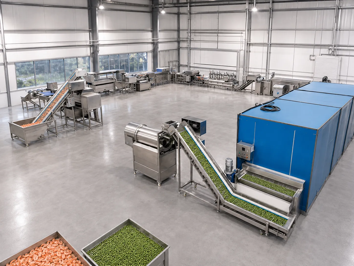 IQF freezing line inlet conveyor for peas shrimp and frozen food products
