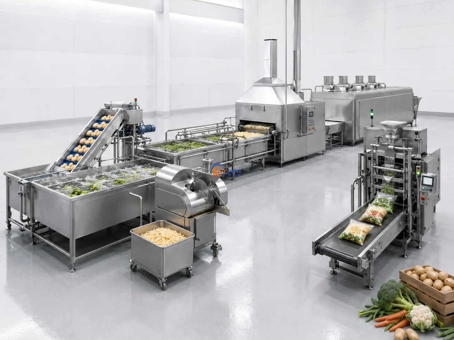 Turnkey food processing equipment including washing cutting frying freezing and packing machines